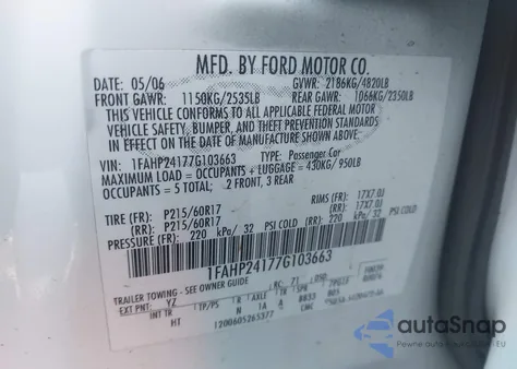 2007 Ford Five Hundred Sel из США, поврежденный, VIN 1FAHP24177G103663